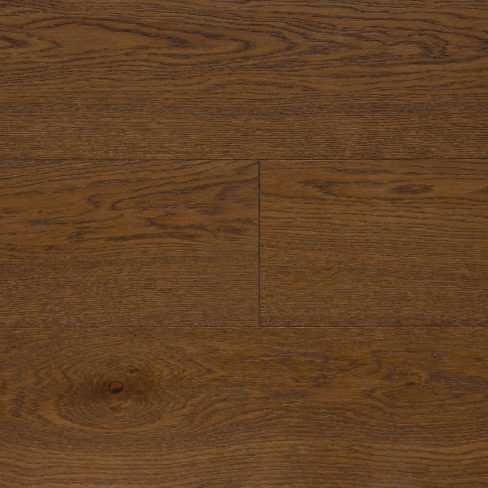 A top-down view of Universal Clic Cognac Oak laminate flooring swatch, featuring deep, rich brown tones with warm undertones. The pronounced wood grain and natural markings give the flooring a luxurious, vintage appeal.