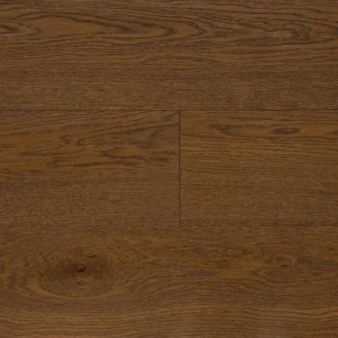 A top-down view of Universal Clic Cognac Oak laminate flooring swatch, featuring deep, rich brown tones with warm undertones. The pronounced wood grain and natural markings give the flooring a luxurious, vintage appeal.